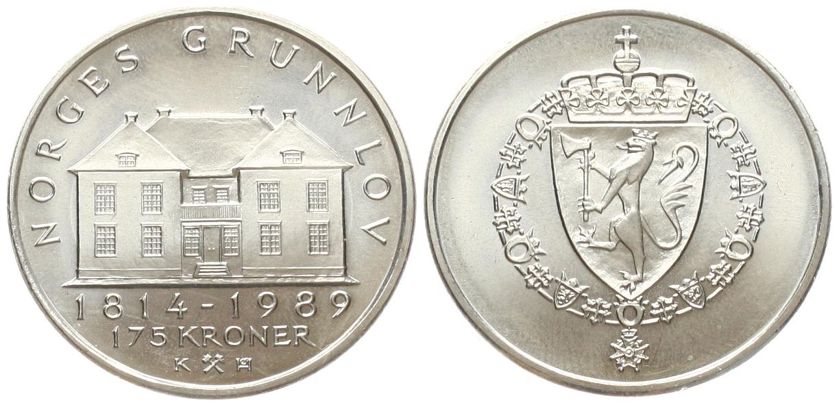  Norwegen: Olav V., 175 Kroner 1989 auf das 175. jährige Jubiläum des Grundgesetzes, näheres unten!   