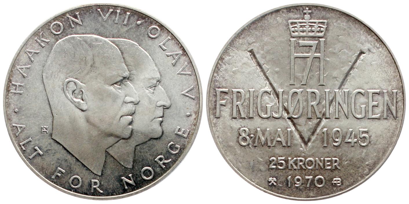  Norwegen: Olav V., 25 Kroner 1970, 29,00 gr. 875er Silber 25,37 fein, 25 jähriges Regierungsjubiläum   