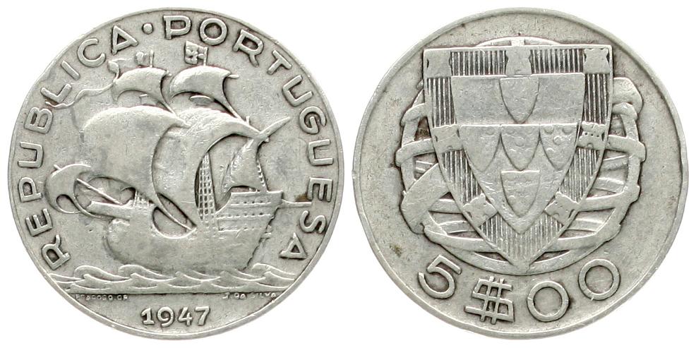  Portugal: 5 Escudos 1947. Silber, näheres unten!   