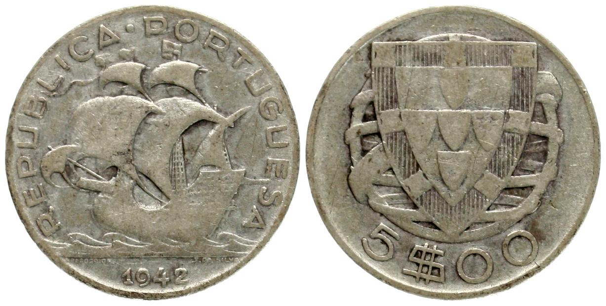  Portugal: 5 Escudos 1942, näheres unten!   