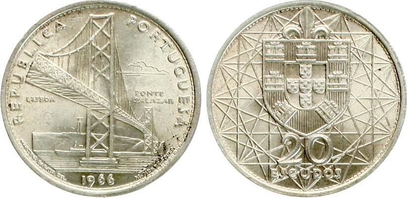  Portugal: 20 Escudos 1966, Salazar Brücke in Lissabon, näheres unten!   