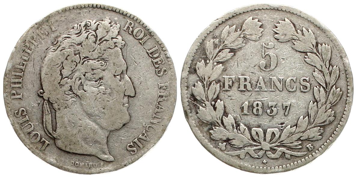  Frankreich: 5 Franc 1837 B, Louis Philippe I., siehe unten!   
