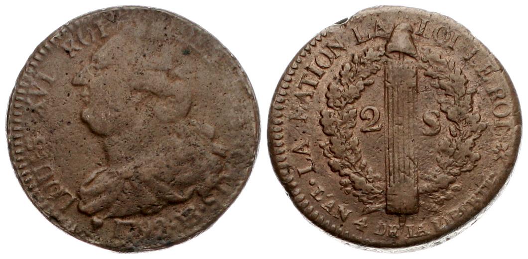  Frankreich: 2 Sols 1792 BB, Constitution,  Glockenmetall   