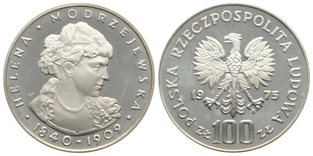 Polen: 100 Zlotych 1975 MV, Helena Modrzejewska (1840-1909), in Original Kapsel   