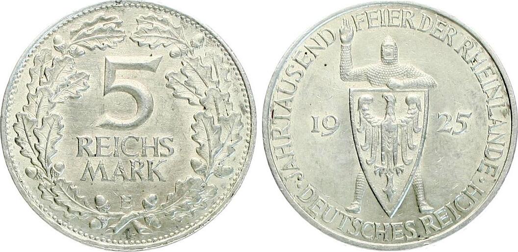  Weimarer Republik: 5 Reichsmark 1925 E, Rheinlandfeier, Silber, TOP-ERHALTUNG!!   