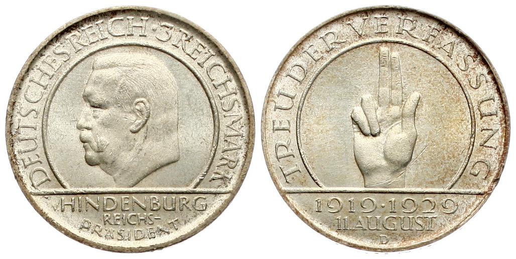  Weimarer Repuplik: 3 Mark 1929 D, Schwurhand, auf die Verfassung vz   