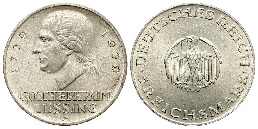  Weimarer Repuplik: 3 Mark 1929, A auf Lessings 200. Geburtstag vz+   