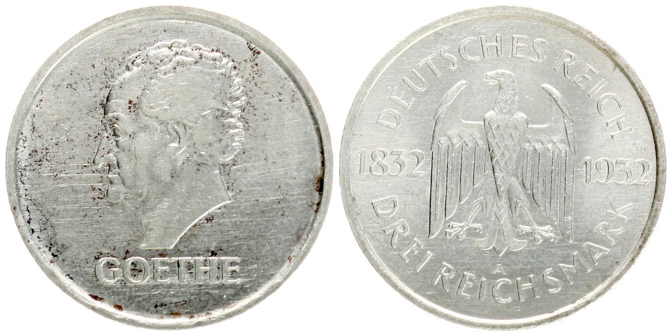 Weimarer Repuplik 3 Mark 1932 A, Johann Wolfgang von Goethe, vz   