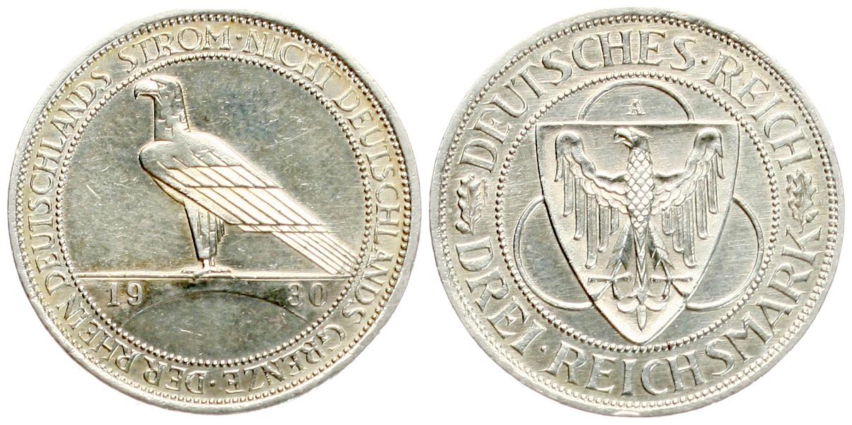  Weimarer Repuplik: 3 Mark 1930, A Rheinlandräumung vz   