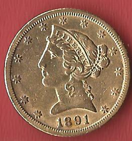 5 D. USA Gold 1891 Carson City ss Koblenzer Muenzen Studio Münzankauf Koblenz Frank Maurer AL113   