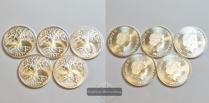  Niue 2 Dollar 2021 Tree of Life 5 Münzen LOT FM-Frankfurt Km#4390   Feinsilber: 155,5g   