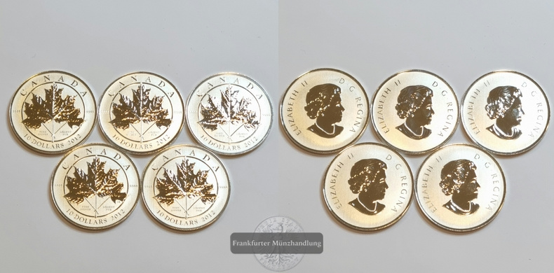  Kanada 2012 10 Dollars Maple Leaf Forever 5 Münzen LOT FM-Frankfurt Feinsilber: 79,27g   