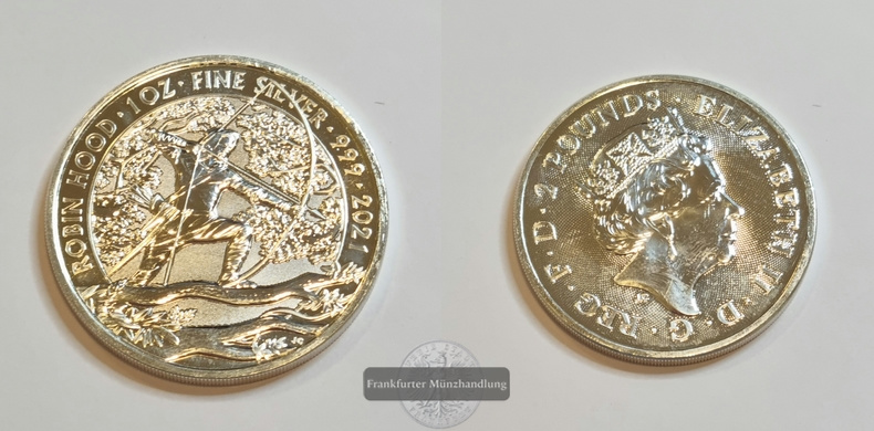 Großbritannien, 2 Pounds 2021 Robin Hood  FM-Frankfurt  Feinsilber: 31,1g   