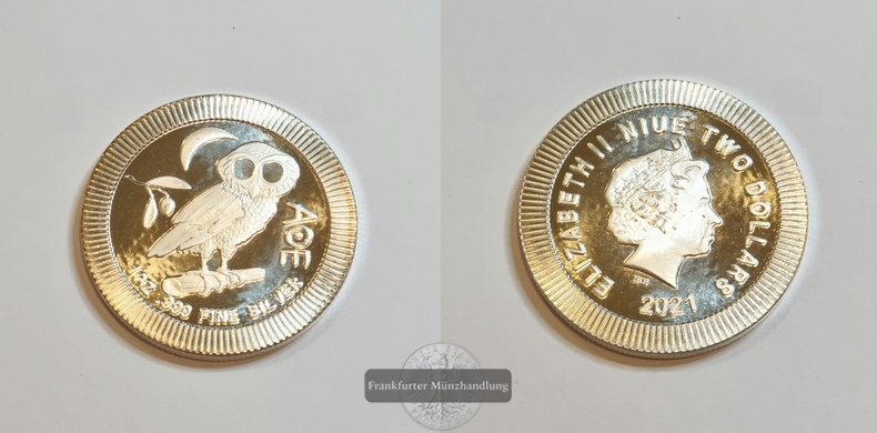  Niue 2 Dollar 2021 Athena Eule FM-Frankfurt  Feinsilber: 31,06g   