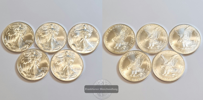  USA 1 Dollar 2021 American Silver Eagle 5 Münzen LOT FM-Frankfurt  Feinsilber: 155,5g   