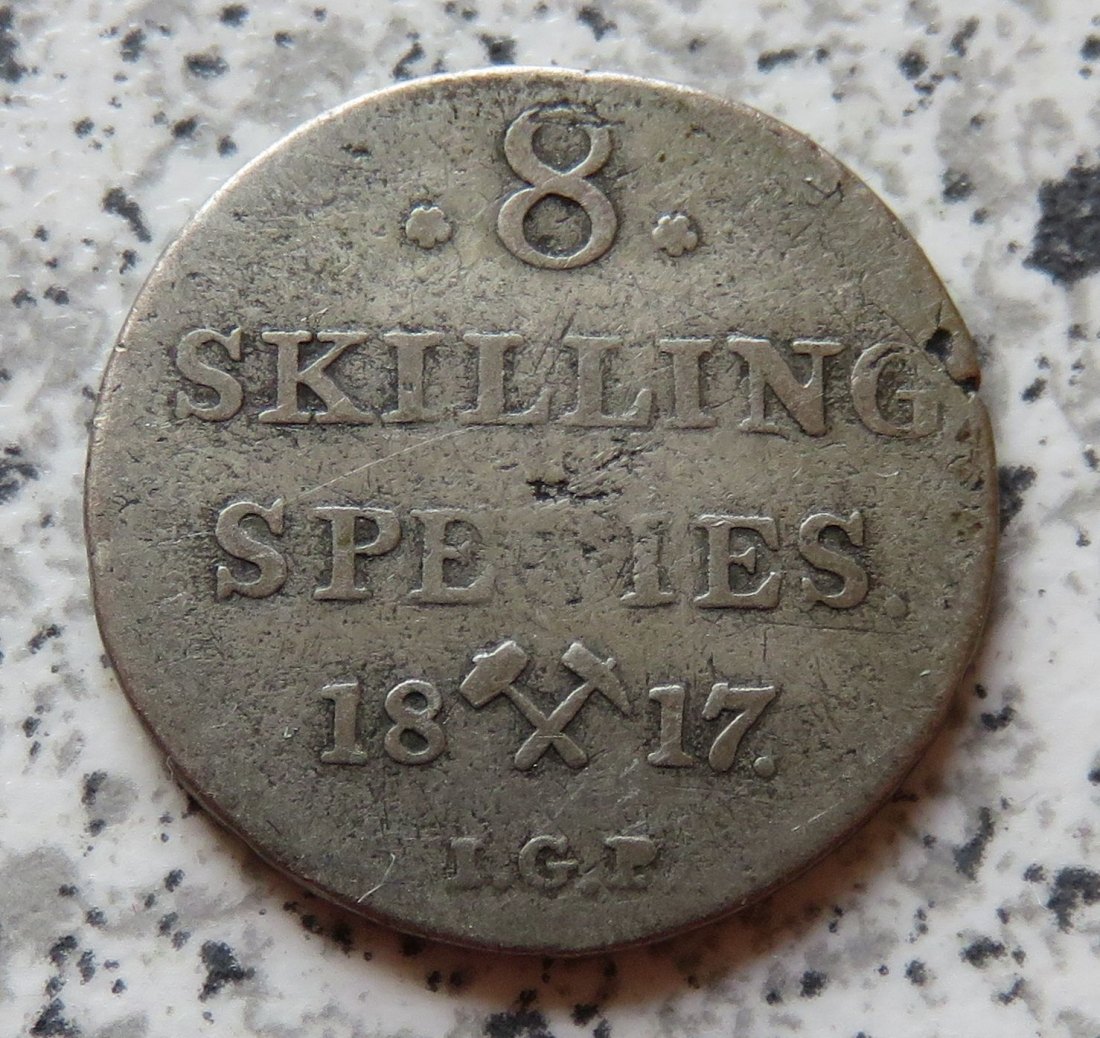  Norwegen 8 Skilling 1817, Belegstück, selten   