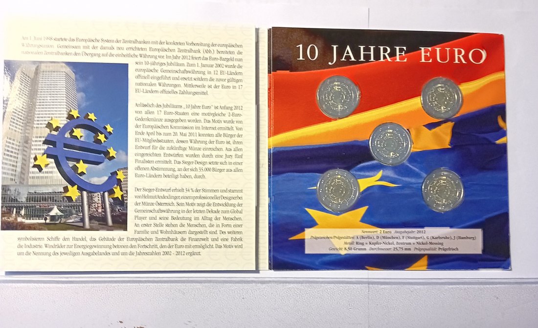  1.Deutschland 2012, 2 EURO Jubiläumssatz ADFGJ „10 Jahre Euro“   