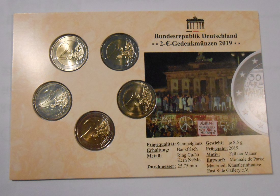  2.Deutschland 2019, 2 Euro Gedenkmünzensatz ADFGJ „30 Jahre Mauerfall“   