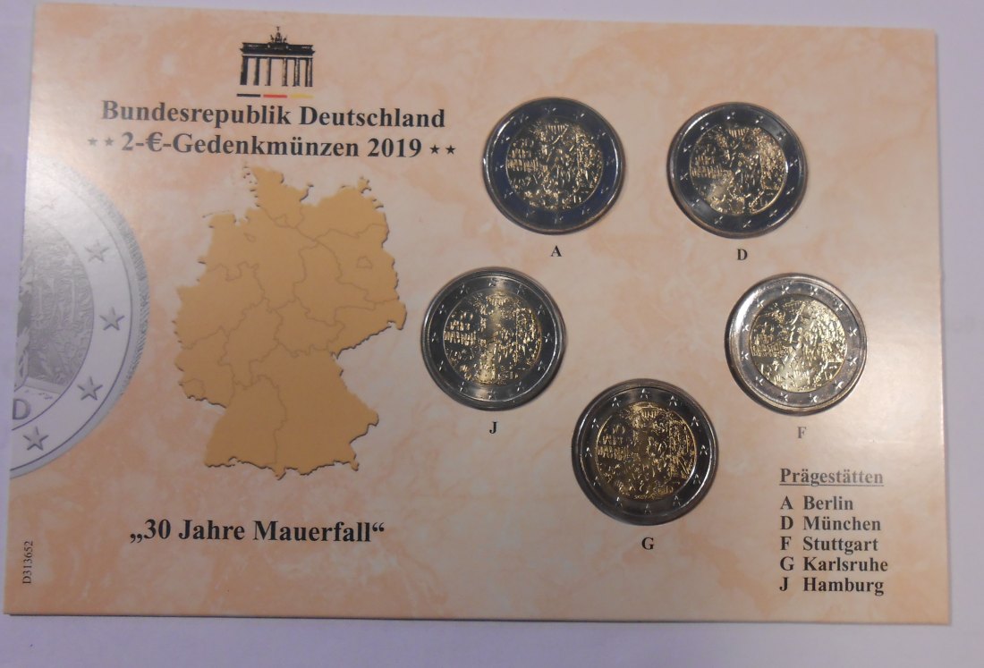  2.Deutschland 2019, 2 Euro Gedenkmünzensatz ADFGJ „30 Jahre Mauerfall“   