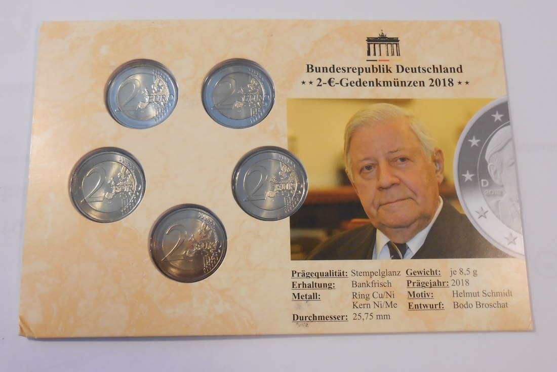  3.Deutschland 2018, 2 Euro Gedenkmünzensatz ADFGJ „100.Geb. Helmut Schmidt“   