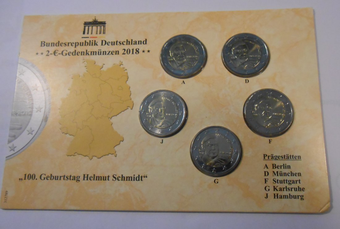  3.Deutschland 2018, 2 Euro Gedenkmünzensatz ADFGJ „100.Geb. Helmut Schmidt“   