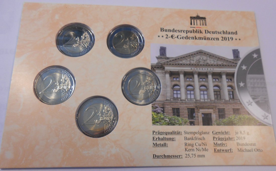  4.Deutschland 2019, 2 Euro Gedenkmünzensatz ADFGJ „70 Jahre Bundesrat“   