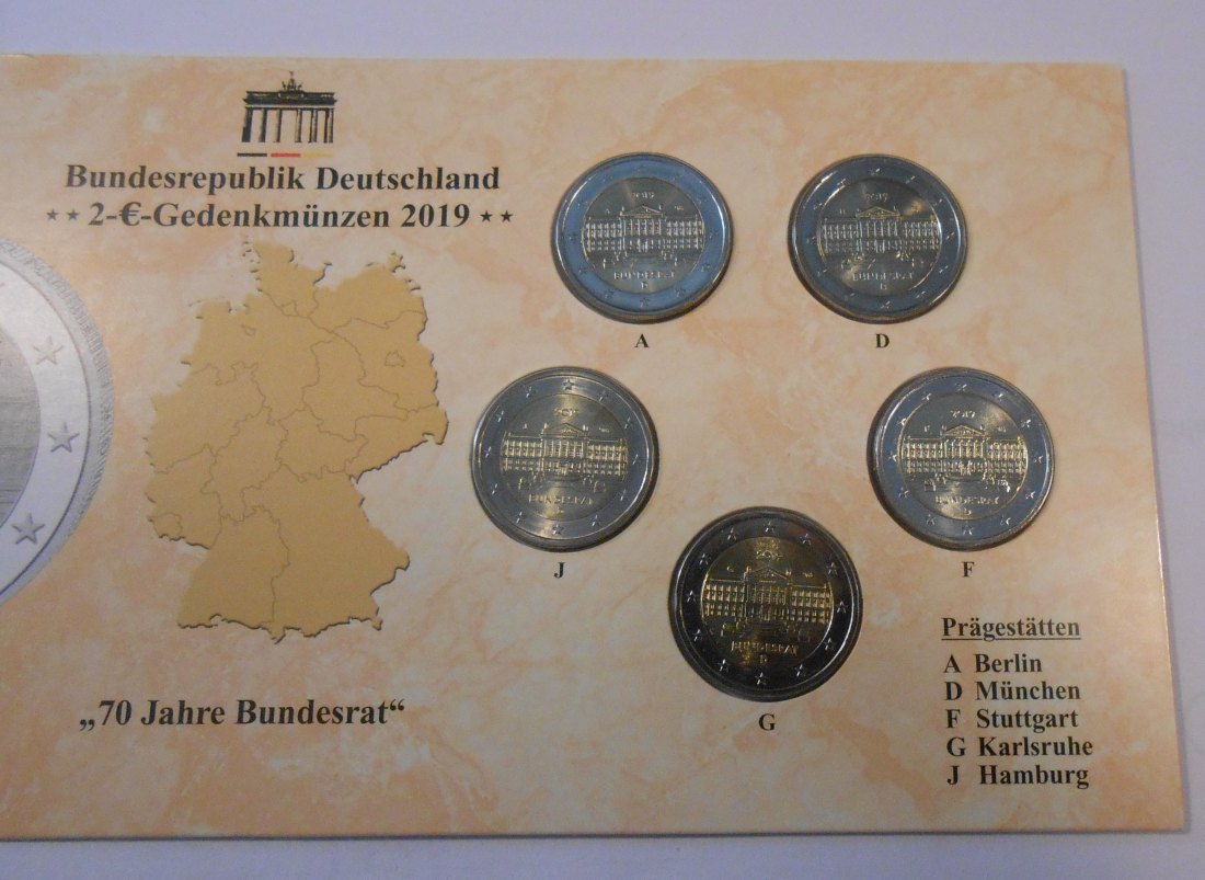  4.Deutschland 2019, 2 Euro Gedenkmünzensatz ADFGJ „70 Jahre Bundesrat“   