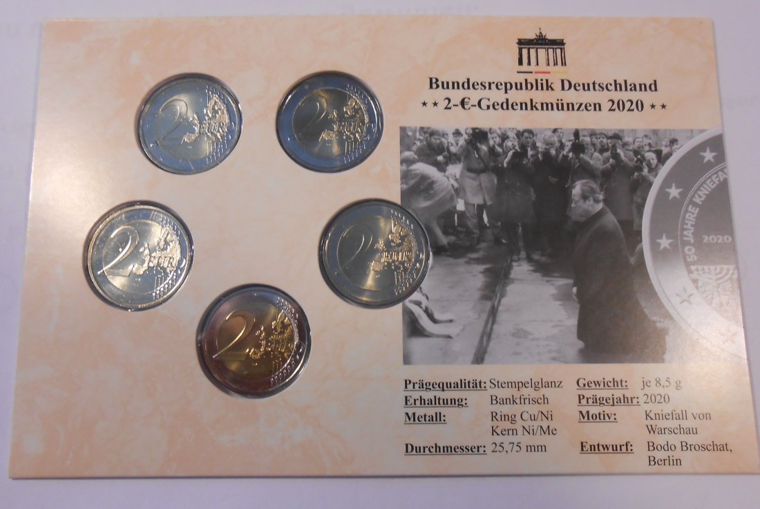  5.Deutschland 2020, 2 Euro Gedenkmünzensatz ADFGJ „50 Jahre Kniefall von Warschau“   