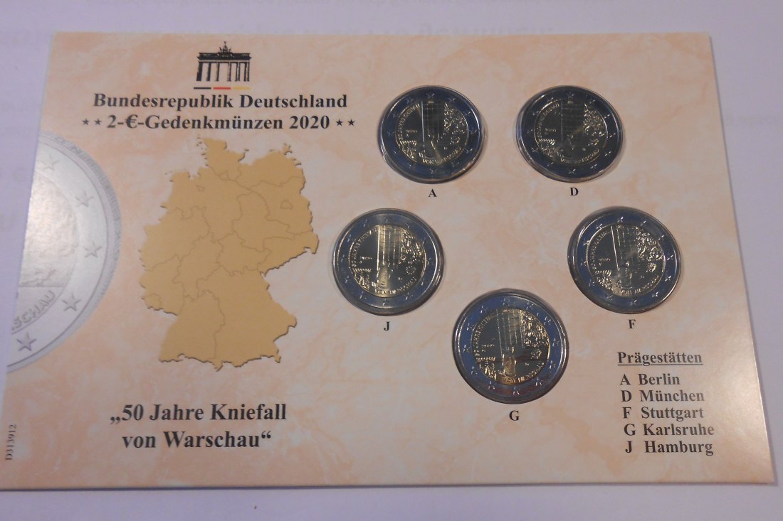  5.Deutschland 2020, 2 Euro Gedenkmünzensatz ADFGJ „50 Jahre Kniefall von Warschau“   
