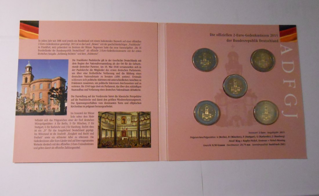  7.Deutschland 2015 2 EURO Gedenksatz ADFGJ Hessen „Frankfurt Paulskirche“   