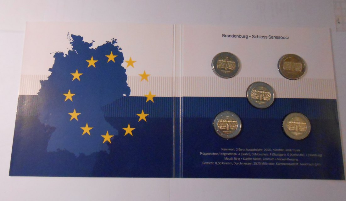  8. Deutschland 2020 2 EURO Gedenksatz ADFGJ Brandenburg „Schloss Sanssouci“   