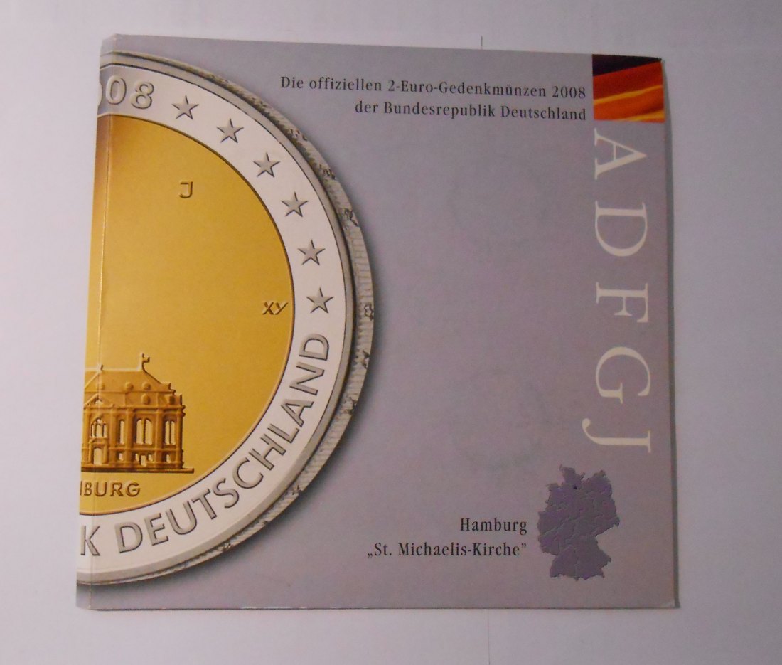 9.Deutschland 2008 2 EURO Gedenksatz ADFGJ Hamburg „St. Michaelis-Kirche“   