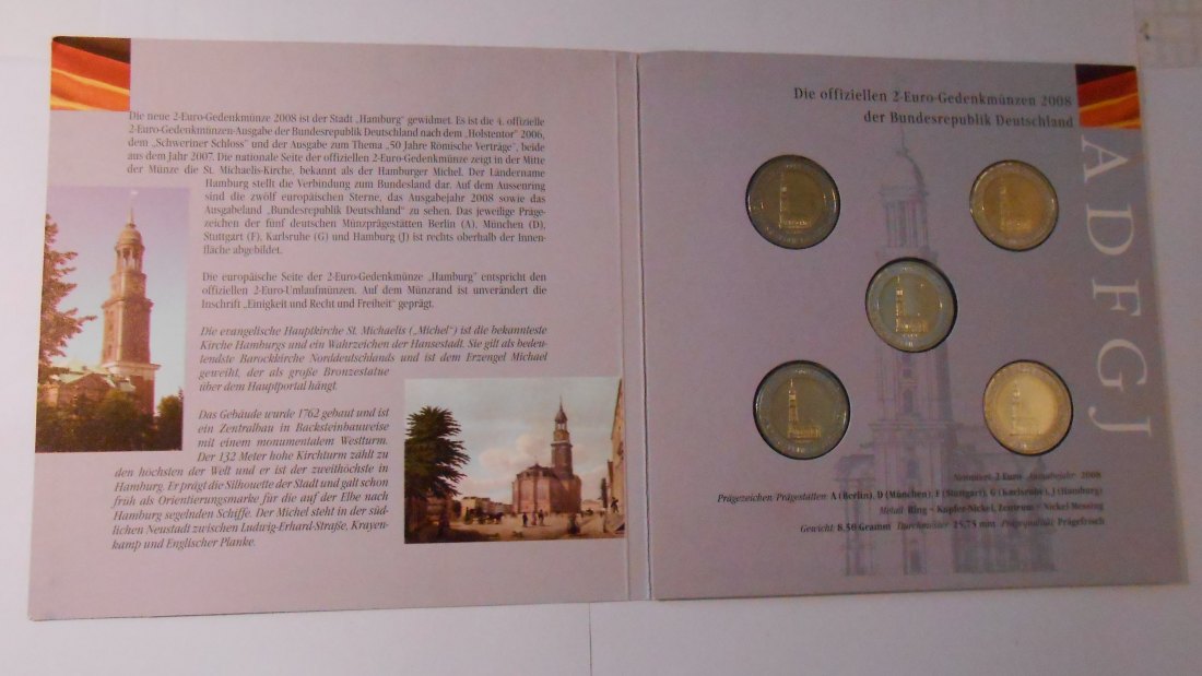  9.Deutschland 2008 2 EURO Gedenksatz ADFGJ Hamburg „St. Michaelis-Kirche“   