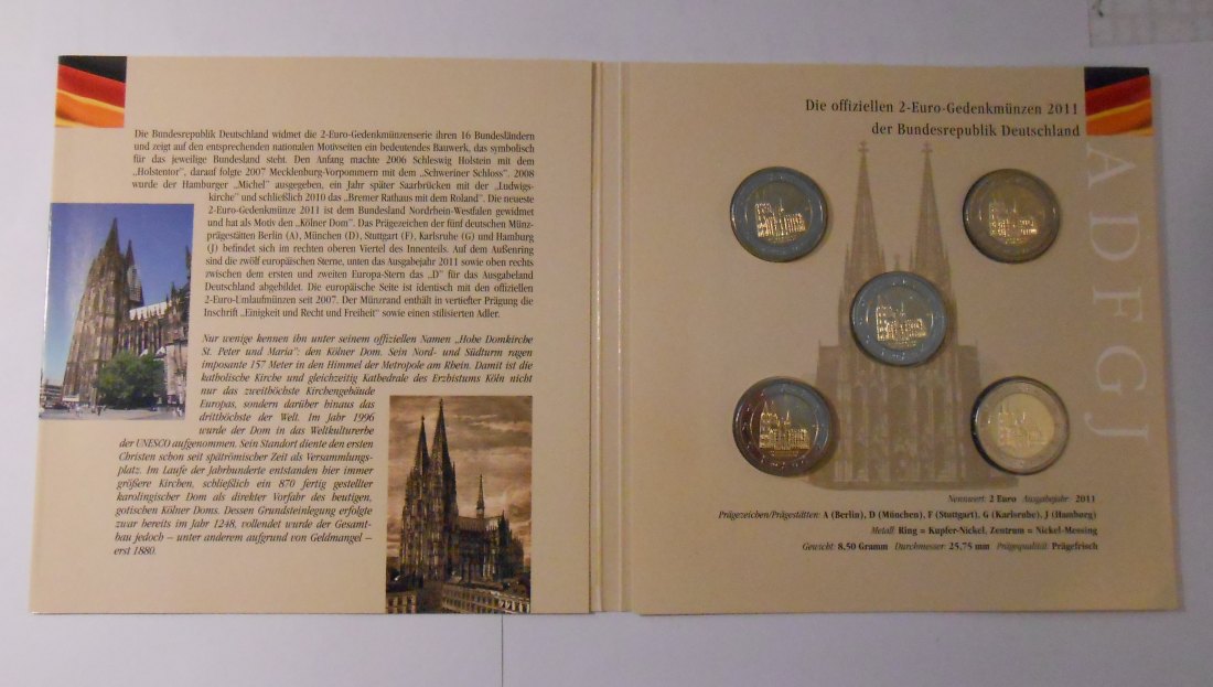  10.Deutschland 2011 2 EURO Gedenksatz ADFGJ NRW „Kölner Dom“   