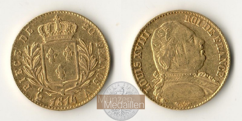 Frankreich  20 Francs MM-Frankfurt   Feingold: 5,81g Ludwig XVIII 1814 A 