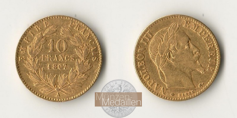 Frankreich MM-Frankfurt Feingold: 2,90g 10 Francs 1867 
