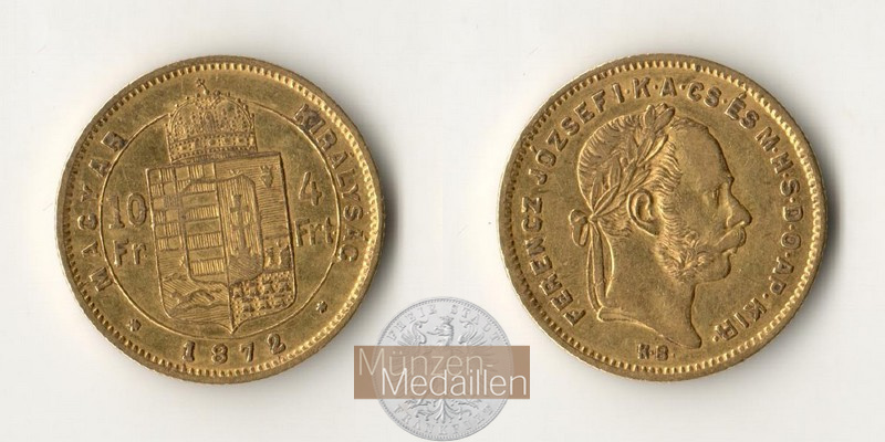 Ungarn MM-Frankfurt Feingold: 2,9g 4 Forint - 10 Franken 1872 