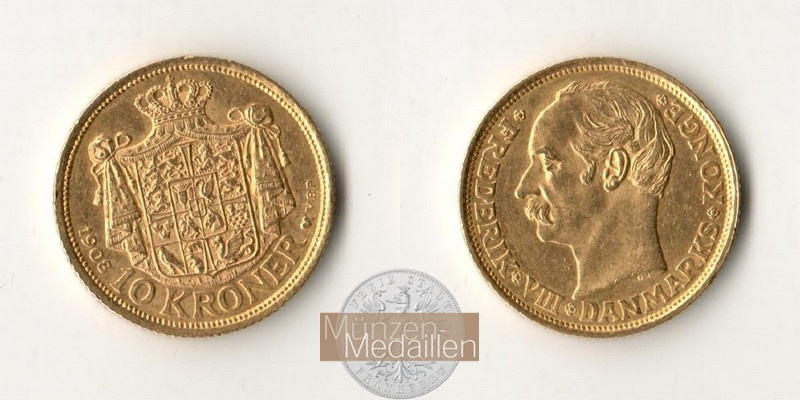 Dänemark, Frederik VIII. (1906-1912) MM-Frankfurt KM#809 Feingold: 4,03g 10 Kroner 1908 VBP 