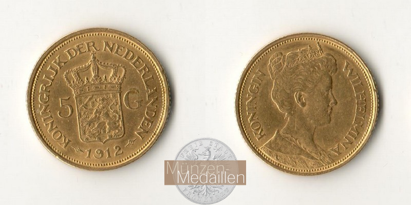 Niederlande, Wilhelmina MM-Frankfurt KM#151 Feingold: 3,02g 5 Gulden 1912 