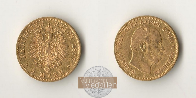Preussen Kaiserreich, Wilhelm I MM-Frankfurt KM#507 Feingold: 1,79g 5 Mark (1877-1878) 1877 A 