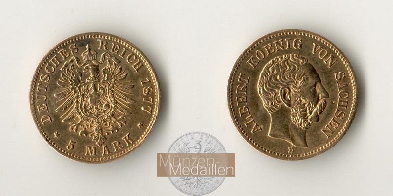 Sachsen, Albert 1873-1902. MM-Frankfurt Feingold: 1,77g 5 Mark 1877 E 