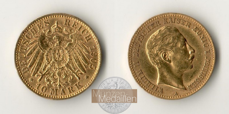 Deutsches Kaiserreich, Preussen. MM-Frankfurt Feingewicht: 3,58g Gold Wilhelm II. 1888-1918. 10 Mark 1905 A 
