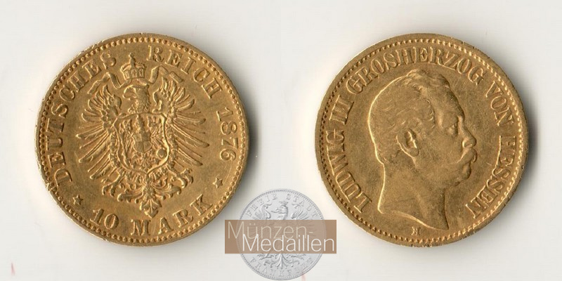 Dt. Kaiserreich. Hessen, Ludwig III. MM-Frankfurt KM#354 Feingold: 3,58g 10 Mark 1876 H 