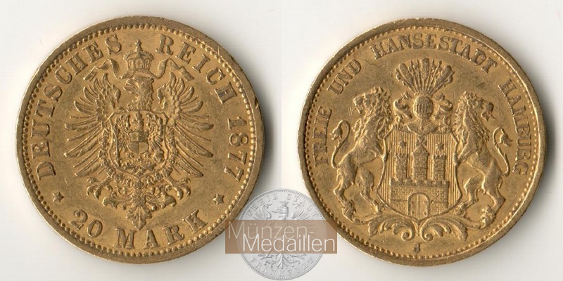 Deutsches Kaiserreich. Hamburg 20 Mark MM-Frankfurt Feingold: 7,17g  1877 J 