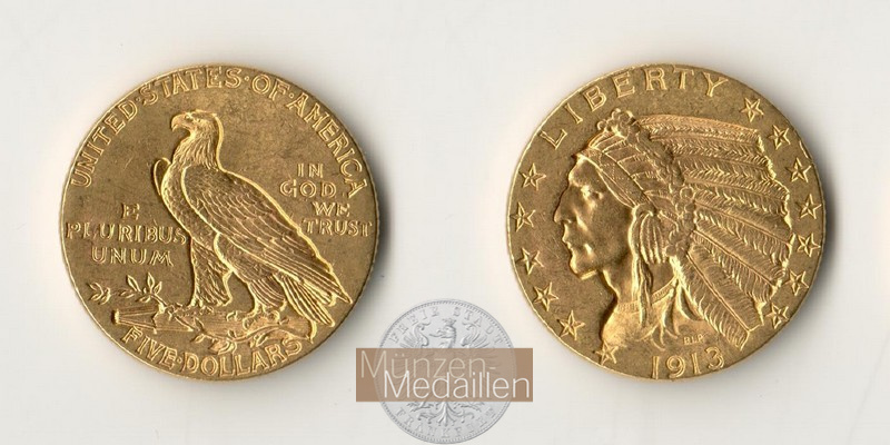 USA. 5 Dollar MM-Frankfurt Feingold: 7,52g Half Eagle - Indian Head 1913 