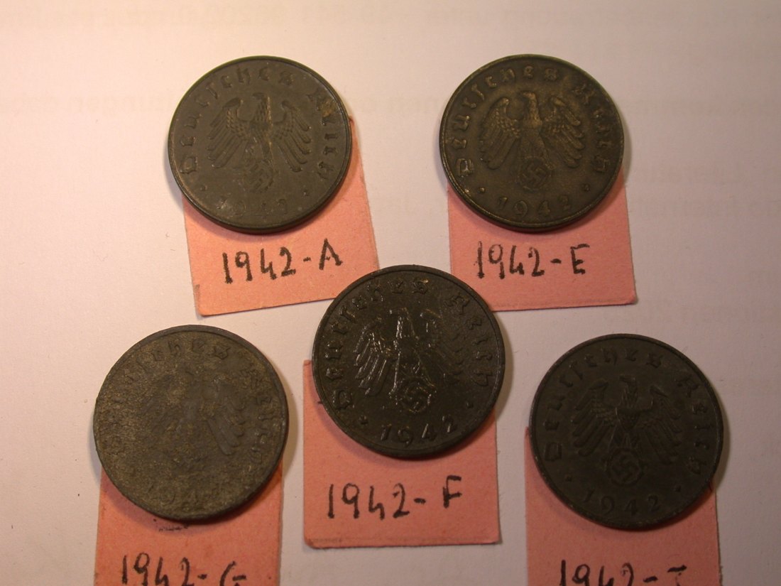  J26  3.Reich  10 Pfennig 1942 A bis J  5 Münzen   Originalbilder   
