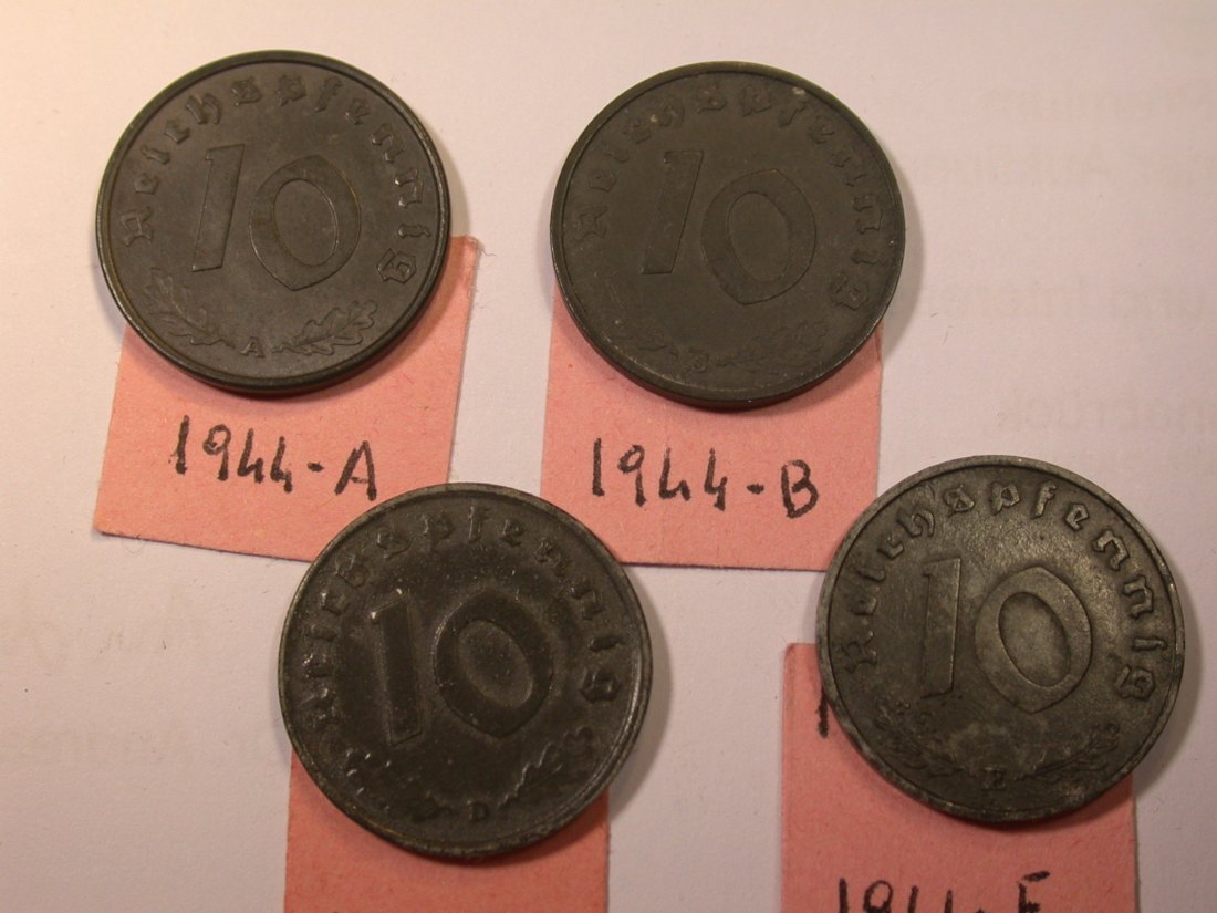 J26 3.Reich 10 Pfennig 1944 A bis E 4 Münzen Originalbilder