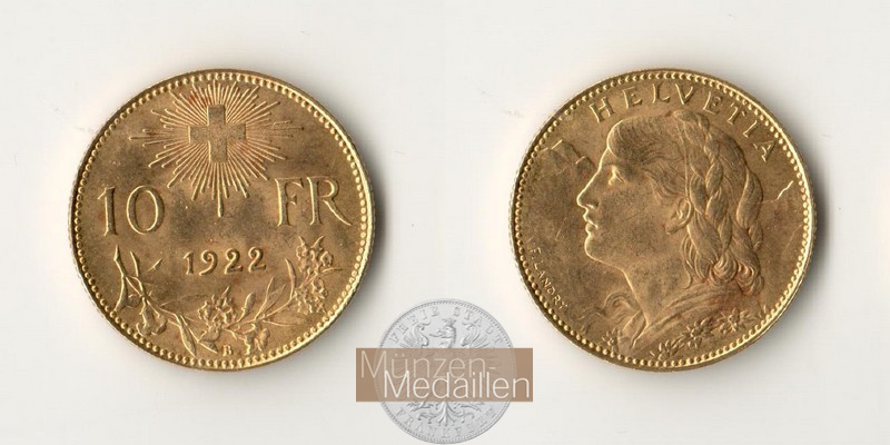 Schweiz  10 sFR MM-Frankfurt Feingold: 2,90g 1/2 Vreneli 1922 B 