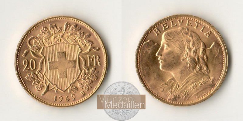 Schweiz  20sFR MM-Frankfurt Feingold: 5,81g Vreneli 1949 B 