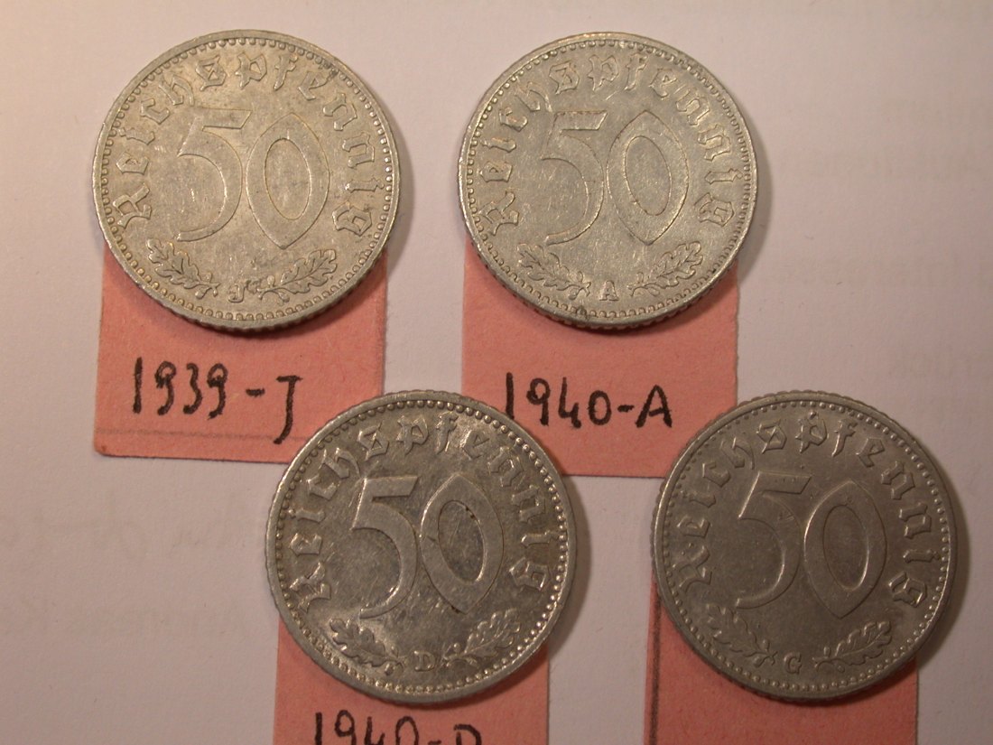 J26 3.Reich 50 Pfennig 1939 J, 1940 A,D und G 4 Münzen Originalbilder